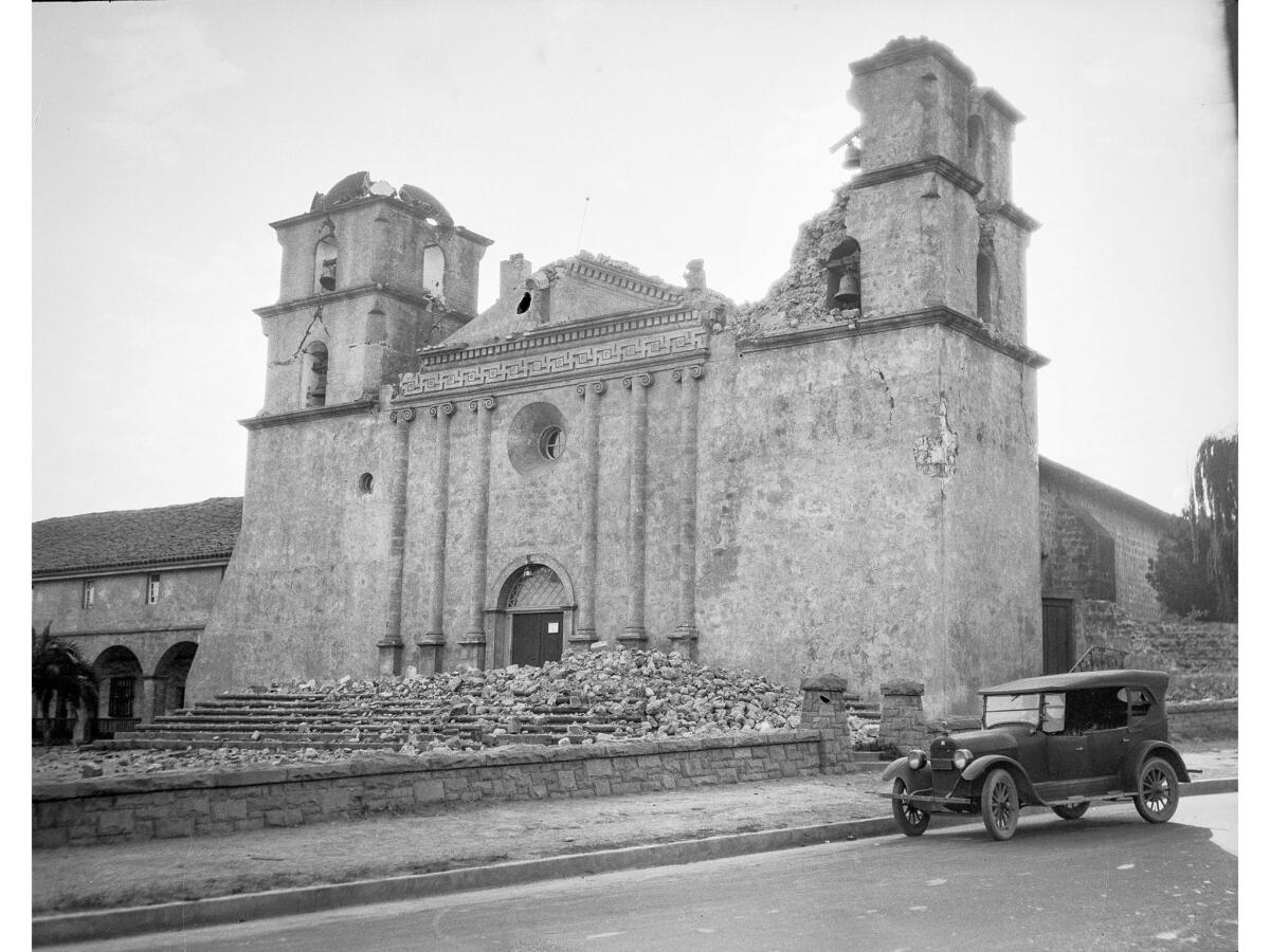 June 1925: Exterior of Mission Santa Barbara following the 6.8 earthquake of June 29, 1925.