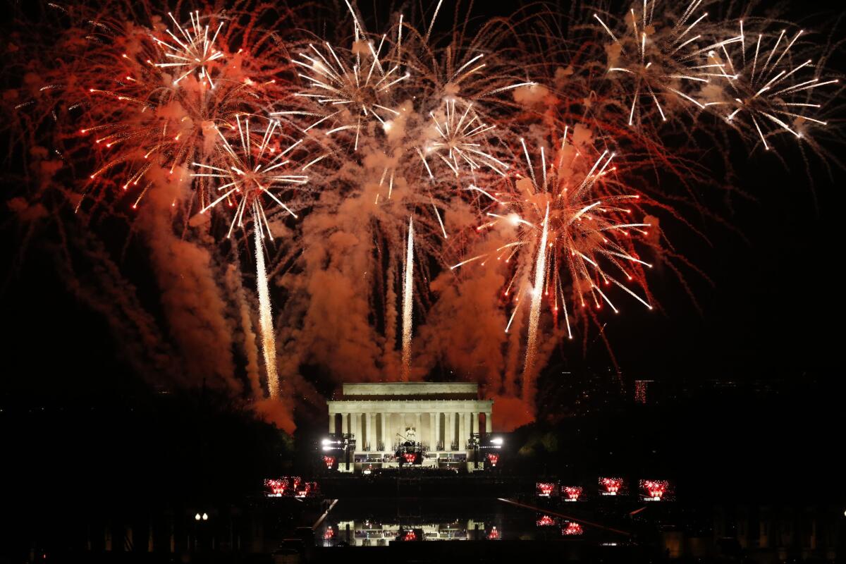 Fireworks explode over the Lincoln Memorial after a public concert and appearance by President-elect Donald Trump.