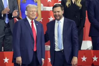 MILWAUKEE, WI JULY 15, 2024 -- Former US President Donald Trump, left, and J.D. Vance during the first day of the Republican National Convention at Milwaukee, WI on Monday, July 15, 2024. (Jason Armond / Los Angeles Times)