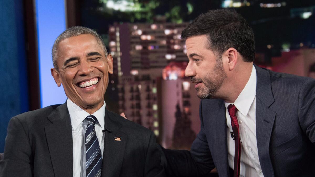 President Obama and Jimmy Kimmel talk during a commercial break on “Jimmy Kimmel Live” on Monday.