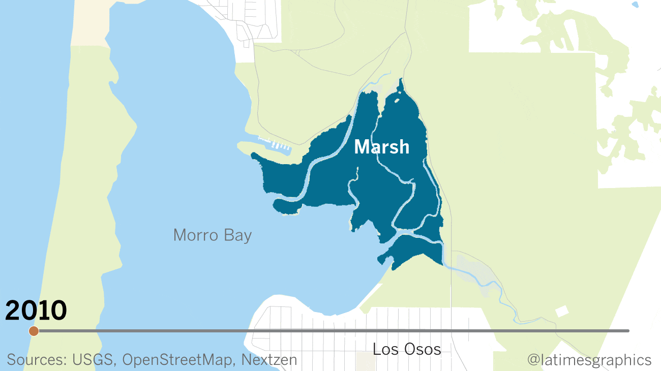 An animated map showing a marsh in Morro Bay shrinking after the year 2080