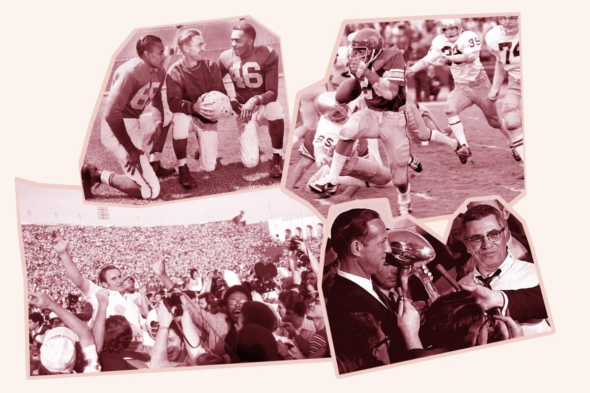 Clockwise from top left: Rams from 1946; USC's Anthony Davis;  Green Bay Coach Vince Lombardi, Miami Coach Don Shula