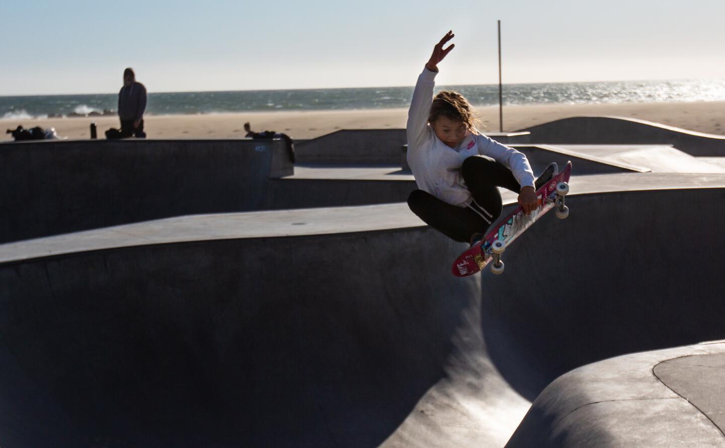 Skateboarder Sky Brown, 11, at Venice Skate Park on Wednesday in Venice. Brown is set to be Britain's youngest ever Olympian in the 2020 Tokyo Olympics.