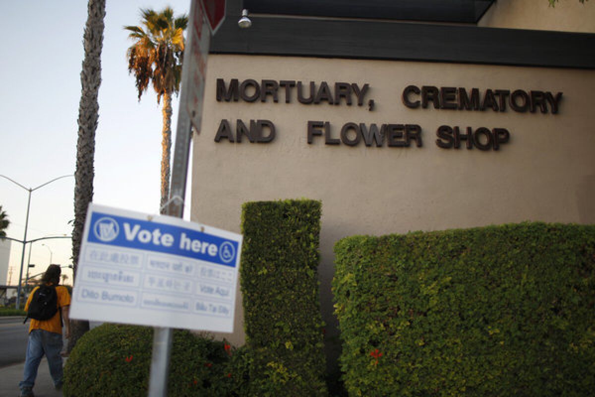 A mortuary in Long Beach seemed an appropriate place for voters to weigh in on the death penalty, which will continue in California indefinitely thanks to the failure of Proposition 34.