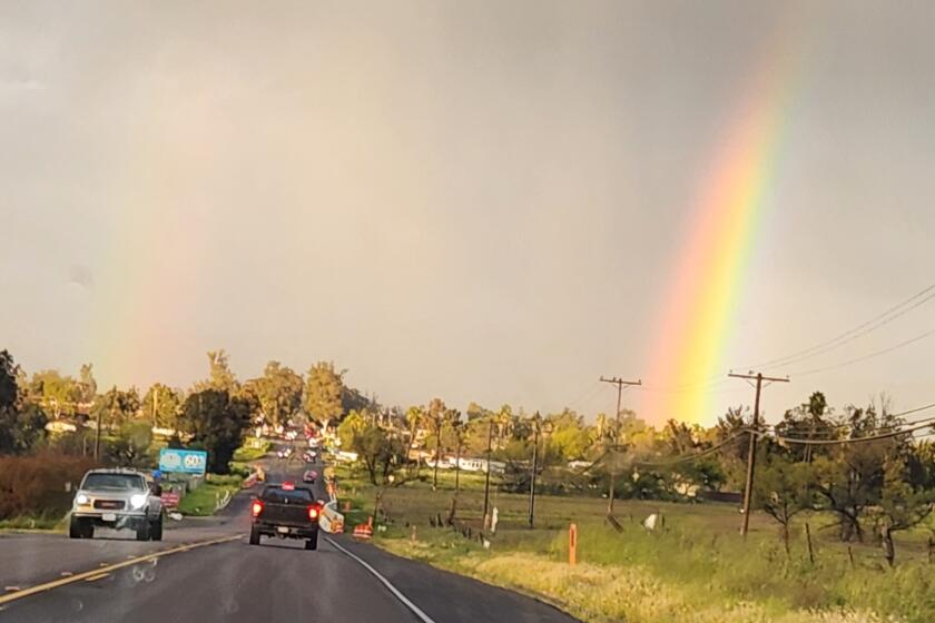 Here's a photo of a rainbow Karen Delia-Mendoza took on Friday, April 5 on her way into Ramona on SR-67.