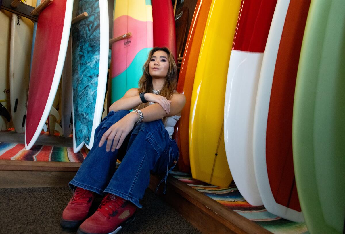 Newport Beach-based musician Kitty Noir at Russell Surfboards. 
