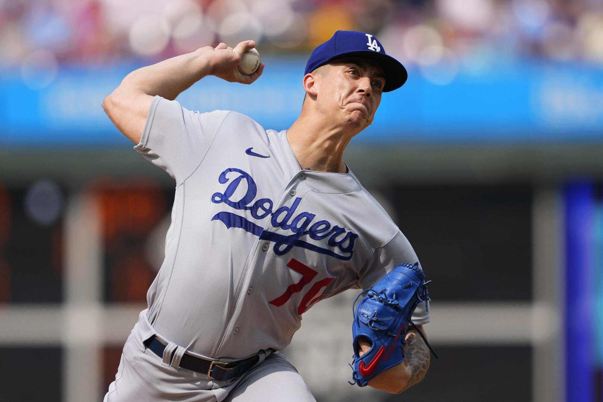 Dodgers starting pitcher Bobby Miller delivers during the first inning against the Philadelphia Phillies.