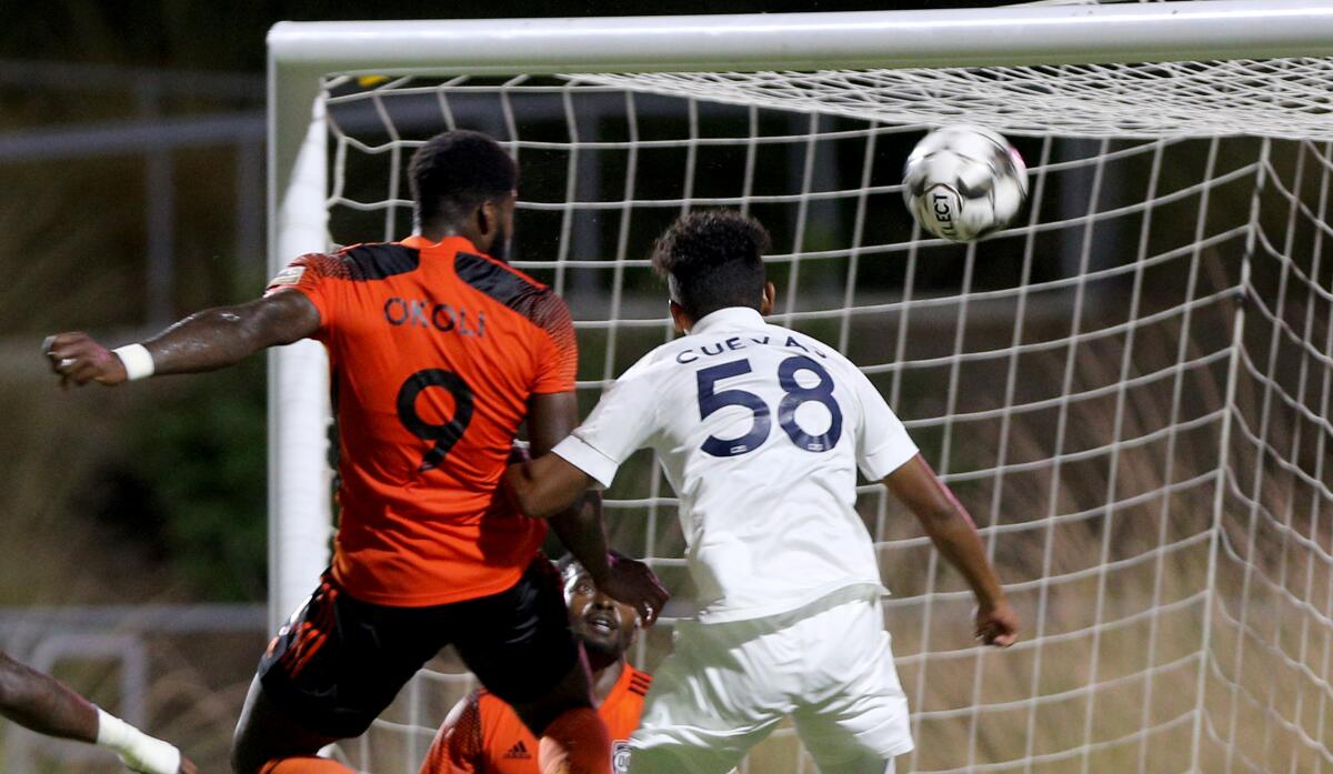 Orange County Soccer Club forward Sean "Ugo" Okoli scores the go-ahead-goal  against L.A. Galaxy II.