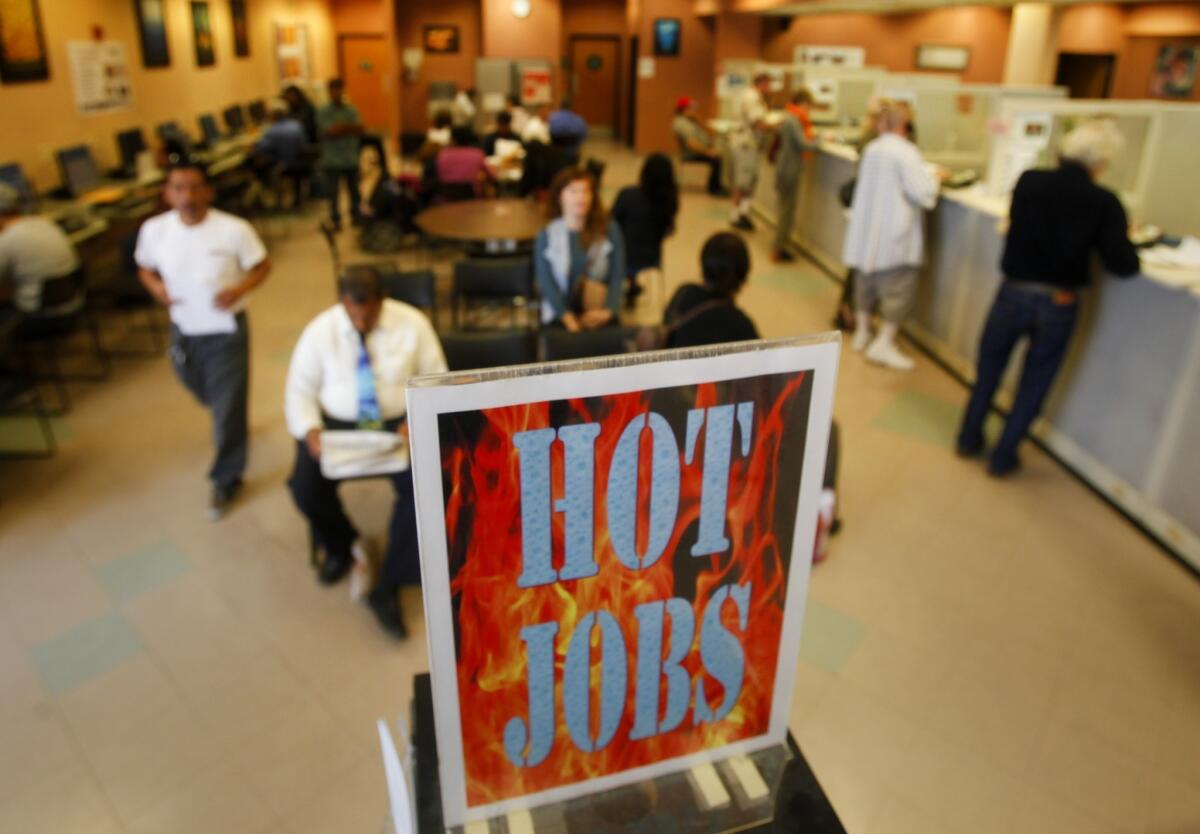 A new report says that states' unemployment insurance programs are in disrepair due to chronic federal underfunding. Above, job seekers at the Verdugo Jobs Center in Glendale on Monday.