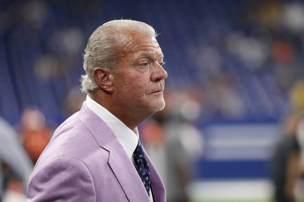 Indianapolis Colts owner Jim Irsay on the field before a game.