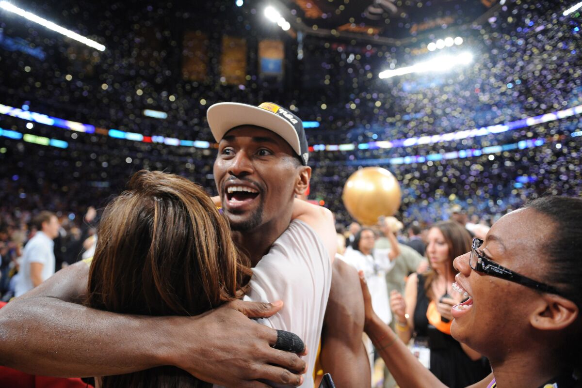 Metta World Peace celerates after the Lakers' win over the Boston Celtics in Game 7 of the NBA Finals on June 17, 2010.
