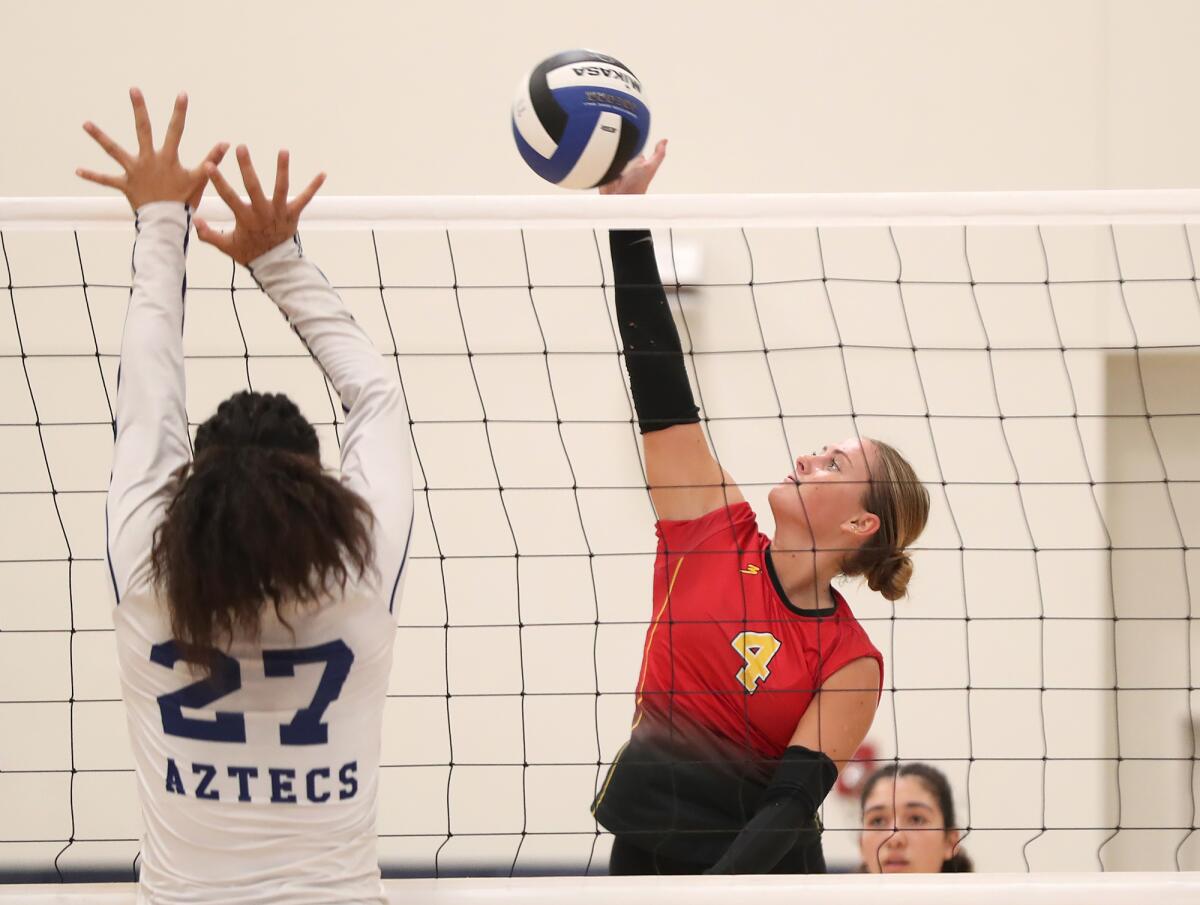 Estancia's Jenna Schroeder during the Coast League girls' volleyball championship game.