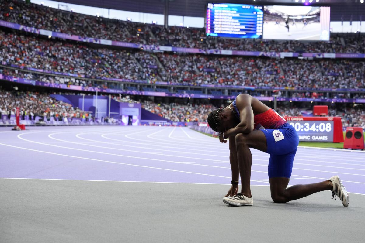 Noah Lyles, of the United States, reacts after competing in the men's 200-meters final at the 2024 Summer Olympics