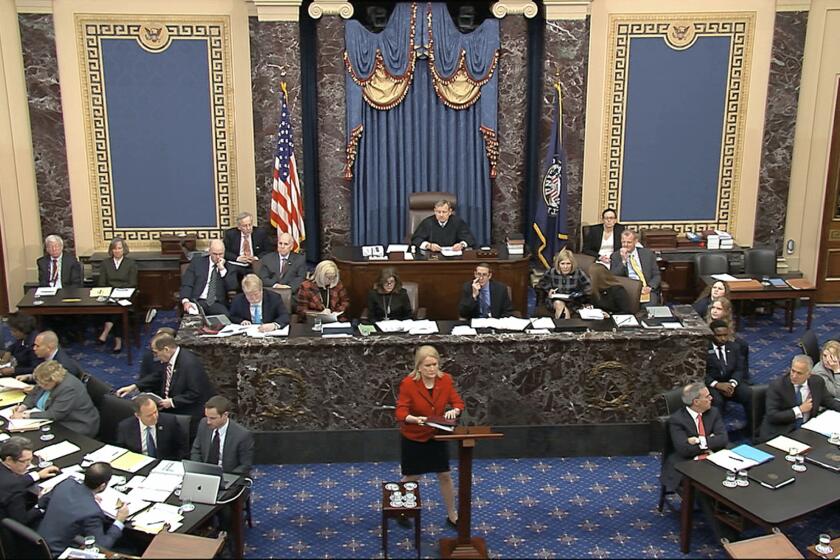 In this image from video, House impeachment manager Rep. Sylvia Garcia, D-Texas, speaks during the impeachment trial against President Donald Trump in the Senate at the U.S. Capitol in Washington, Thursday, Jan. 23, 2020. (Senate Television via AP)