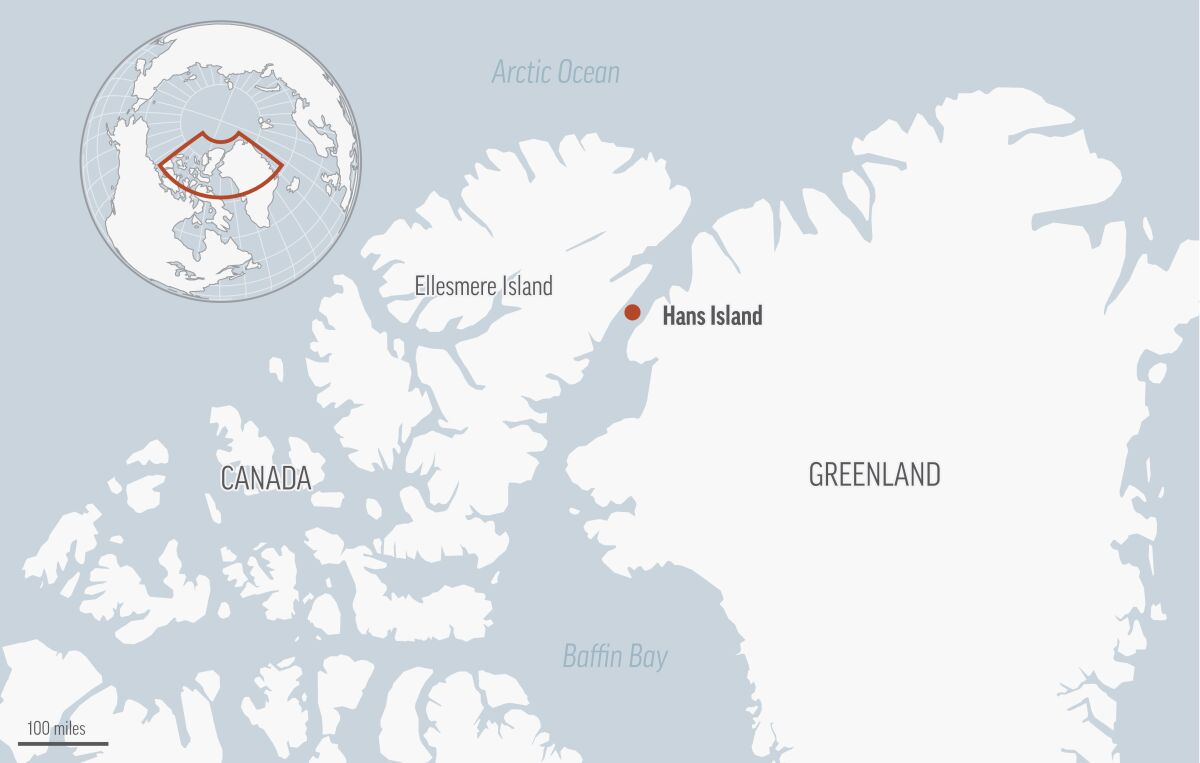 Map showing Hans Island between Canada and Greenland