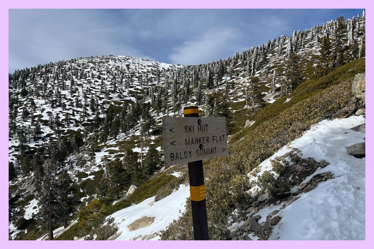 A small wooden sign sign reads "Ski Hut, Manker Flat, Baldy Summit" on a snow covered mountain
