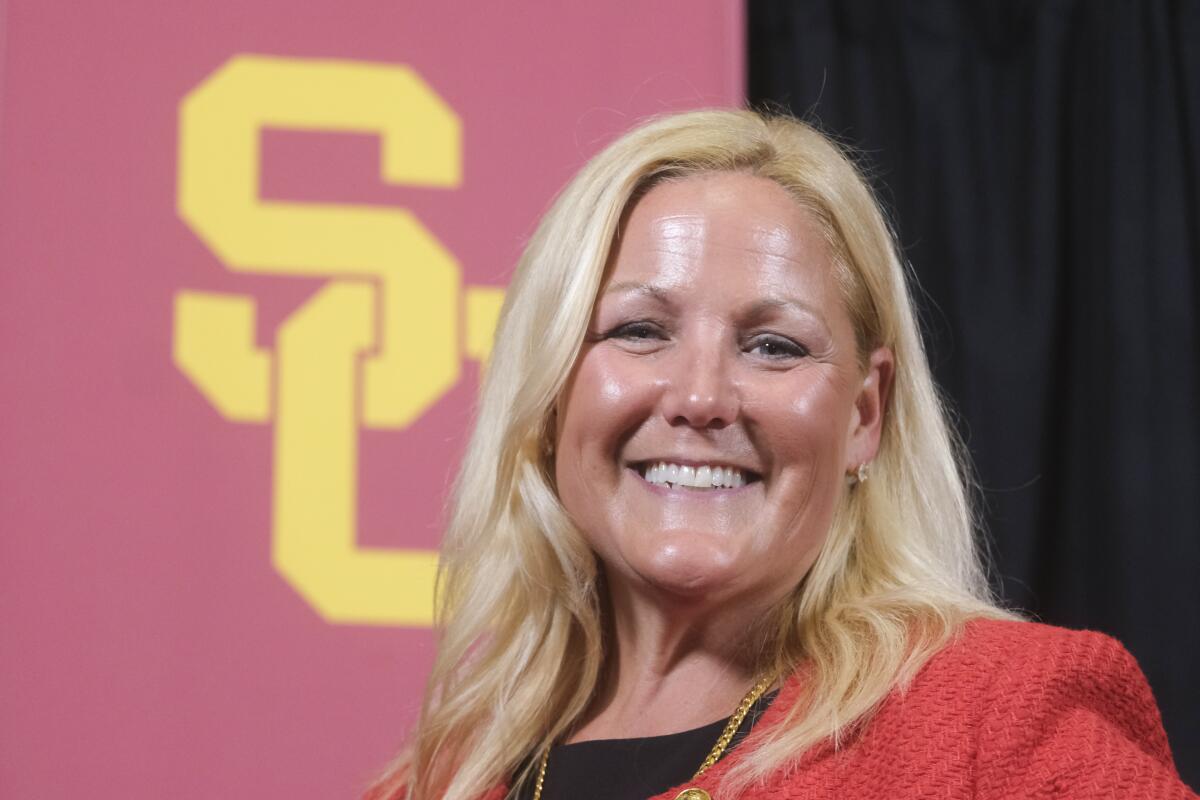 The Trojans' new athletic director Jennifer Cohen speaks after being introduced by USC.