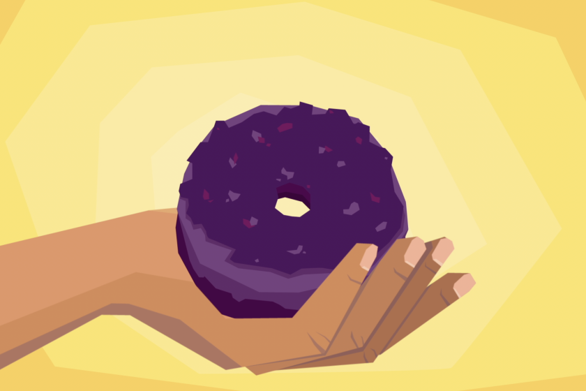 illustration of hand holding purple donut