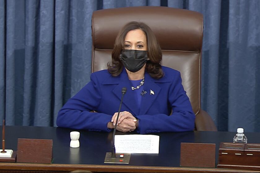 In this image from video, Vice President Kamala Harris presides over the Senate Wednesday, Jan. 6, 2021, on Capitol Hill in Washington. (Senate Television via AP)