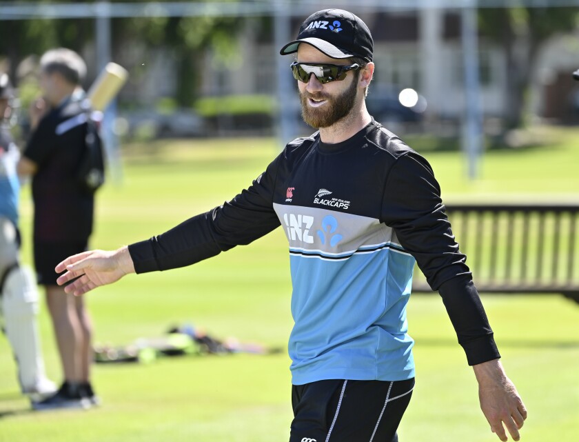 New Zealand captain Kane Williamson reacts during a nets session at Edgbaston, Birmingham ahead of the second cricket test against England, Tuesday, June 8, 2021. (AP Photo/Paul Ellis/Pool)