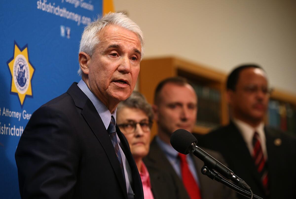 San Francisco Dist. Atty. George Gascon speaks during a new conference to announce a civil consumer protection action against rideshare company Uber on Dec. 9, 2014 in San Francisco.