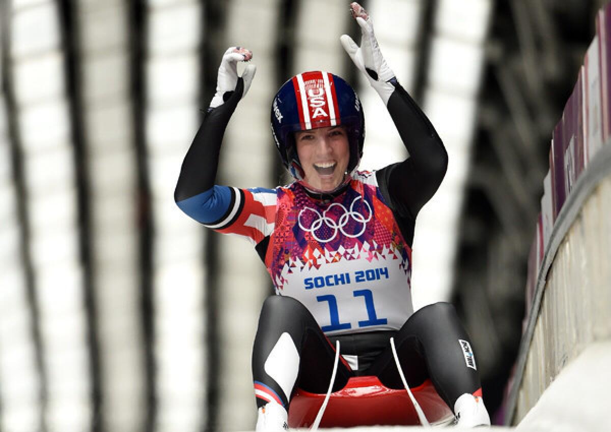 American Erin Hamlin reacts after her final run in the women's luge at the Sanki Sliding Center. She would become the first U.S. competitor to medal in singles luge when she took the bronze.