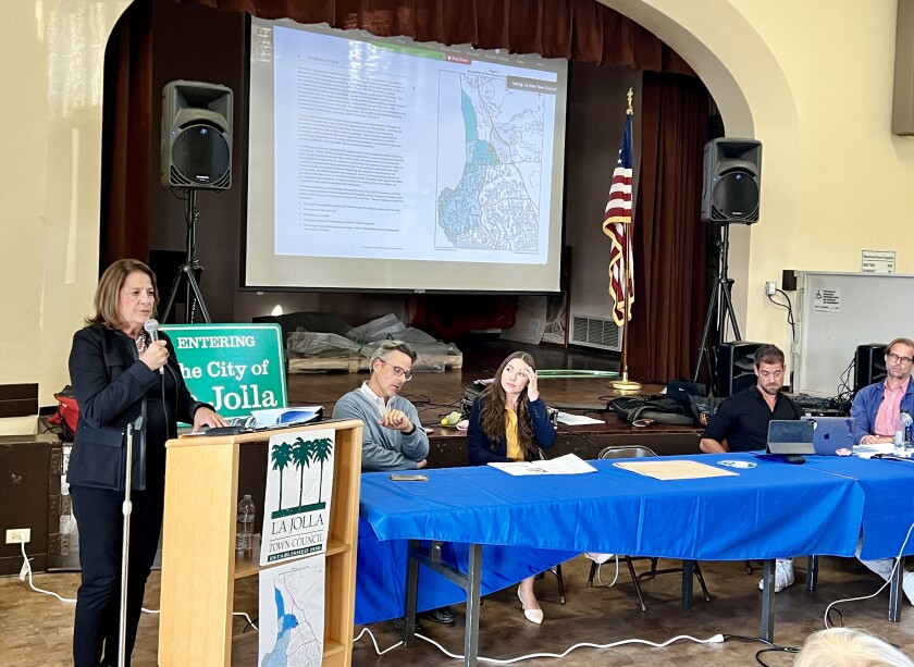 Ann Kerr Bache and others discuss the potential effects of La Jolla independence from San Diego during a forum May 12.