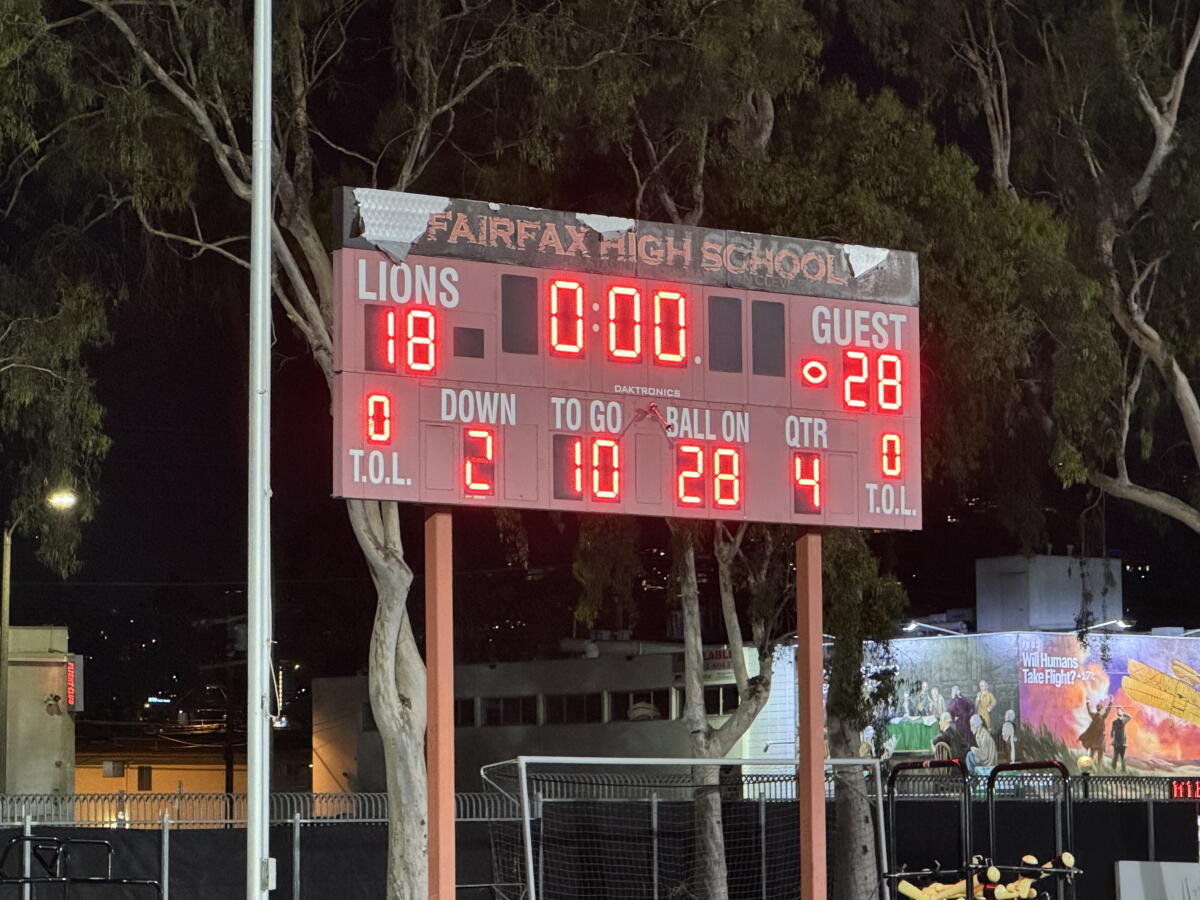 The Fairfax high scoreboard displays the Gauchos' margin of victory, 28-18, on Thursday night.