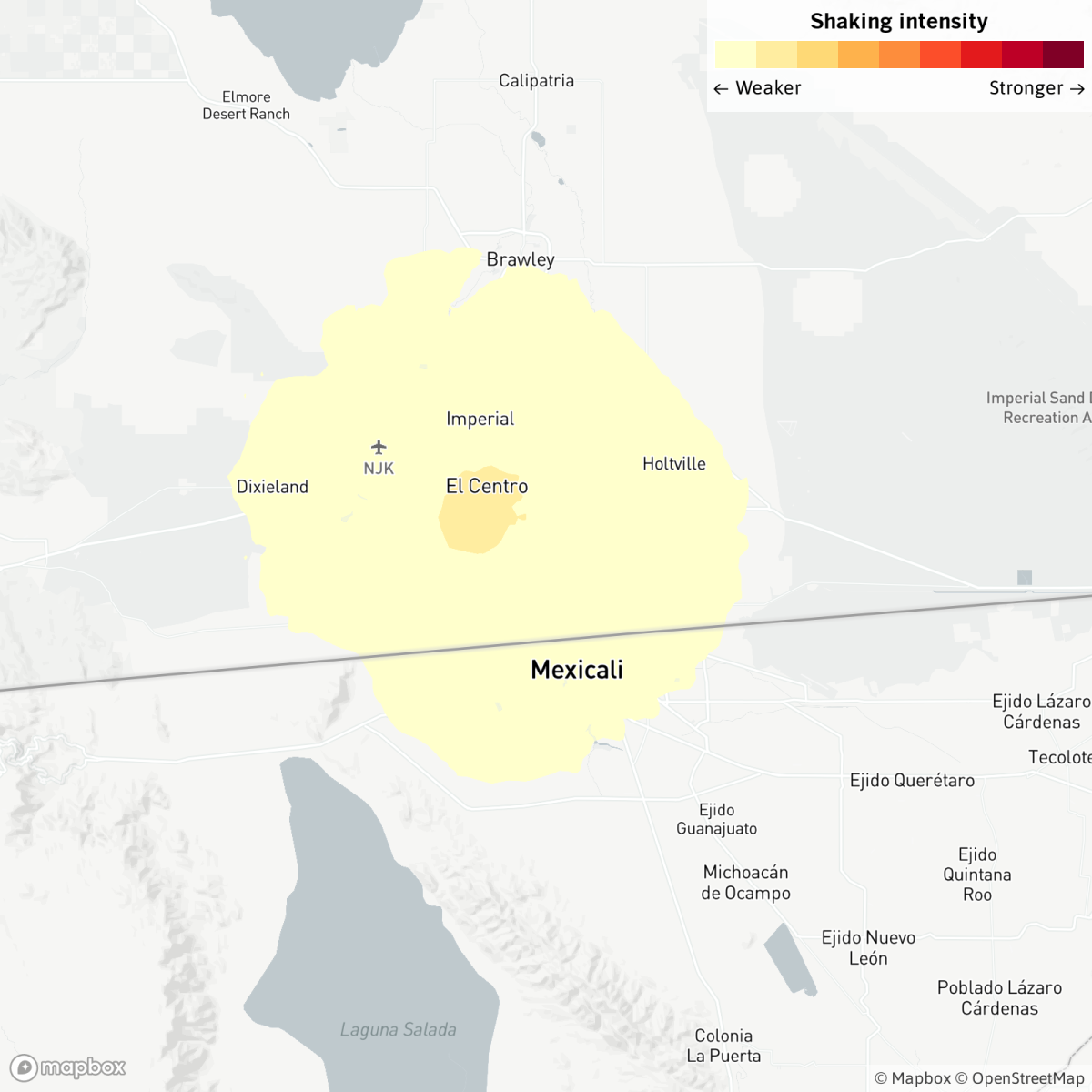 Map shows areas where shaking was felt during an earthquake centered in El Centro, Calif.