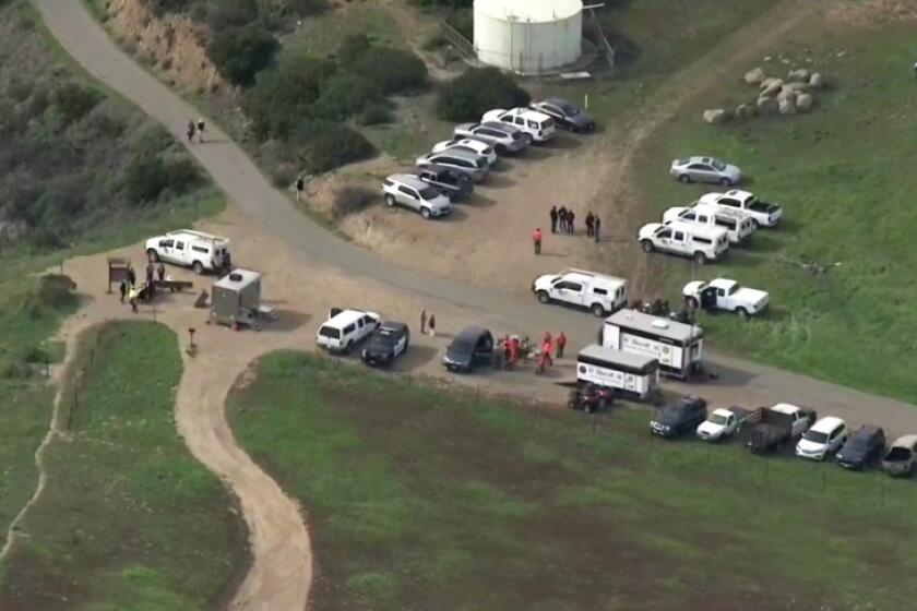 An aerial view of emergency vehicles parked on both sides of a trail surrounded by greenery.