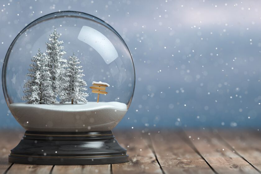A 3 D illustration of a snow globe with trees on winter snowfall background. Credit: Getty Images