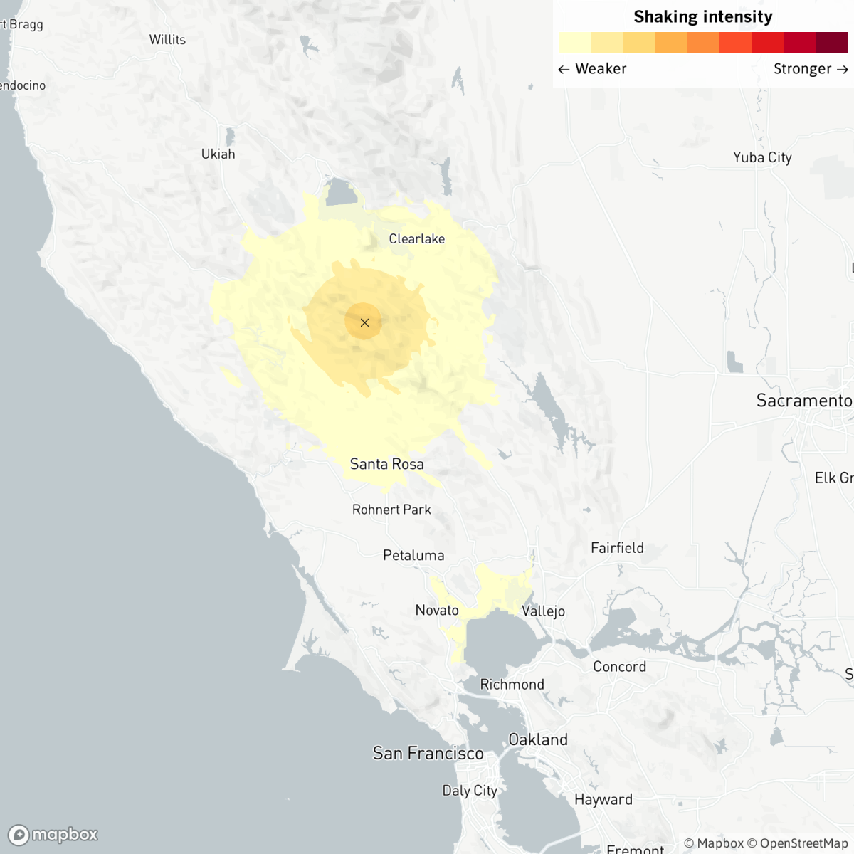 Map shows the color-coded shaking intensity surrounding the epicenter of the earthquake in Northern California.