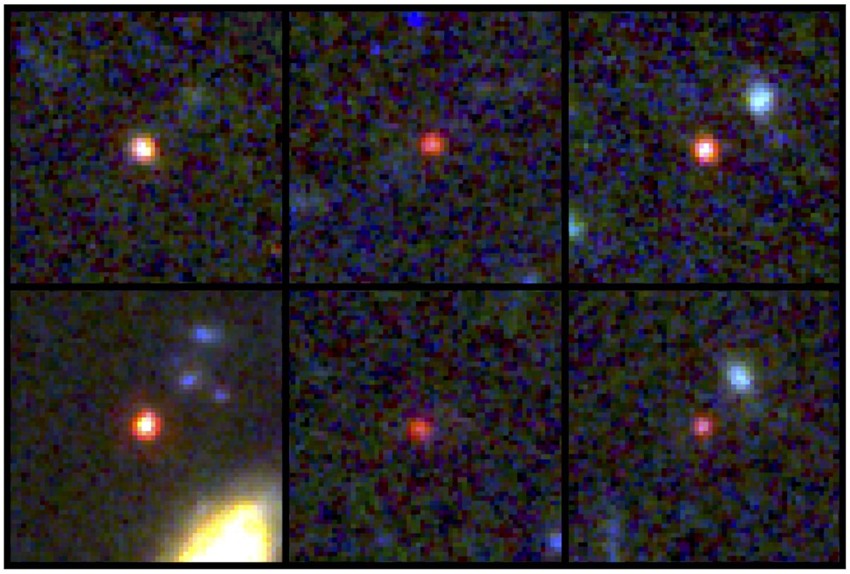 This image shows images of six candidate massive galaxies, seen 500 to 800 million years after the Big Bang. 