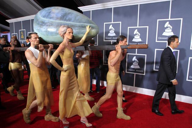 Lady Gaga created a stir on the red carpet at the 53rd Grammy Awards last year, arriving in a Hussein Chalayan-designed egg-shaped "womb" carried by a crew of men. She would later come out of the shell to perform "Born This Way."