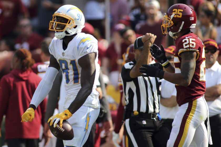 Los Angeles Chargers wide receiver Mike Williams (81) celebrates during an NFL football game against the Washington Football Team, Sunday, Sept. 12, 2021 in Landover, Md. (AP Photo/Daniel Kucin Jr.)