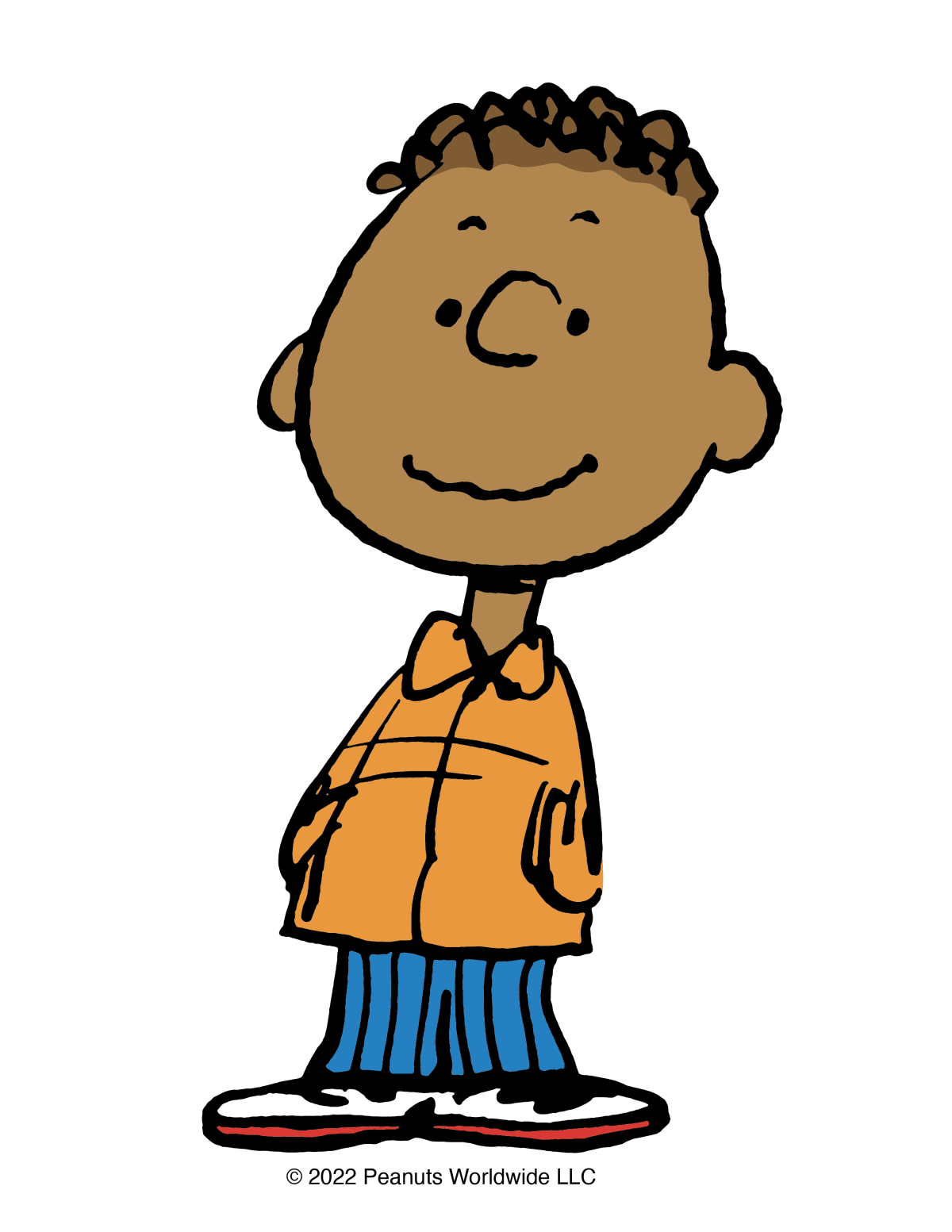 Illustration of Franklin Armstrong from Peanuts in an orange shirt and blue pants.