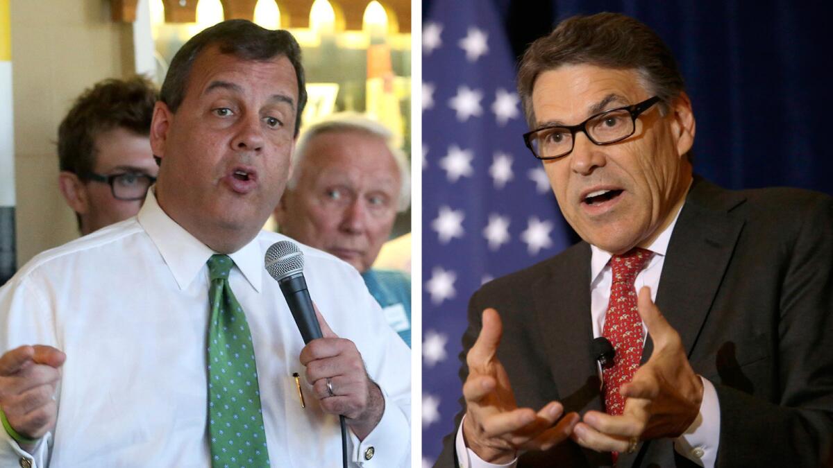 New Jersey Gov. Chris Christie, left, made the final cut for Thursday's first Republican presidential debate. Former Texas Gov. Rick Perry did not; he will compete with six other candidates in a forum prior to the 10-candidate debate.