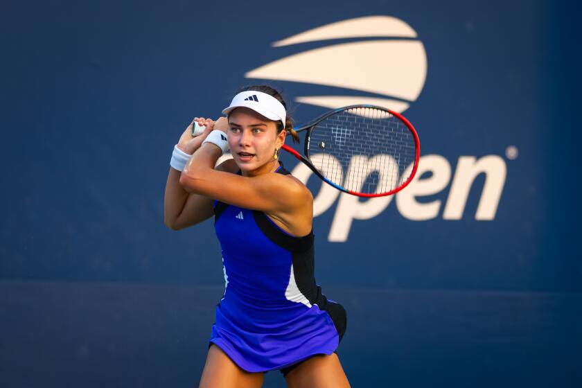 Torrance teen Iva Jovic prepares to strike the ball during a U.S. Open match against Poland's Magda Linette.