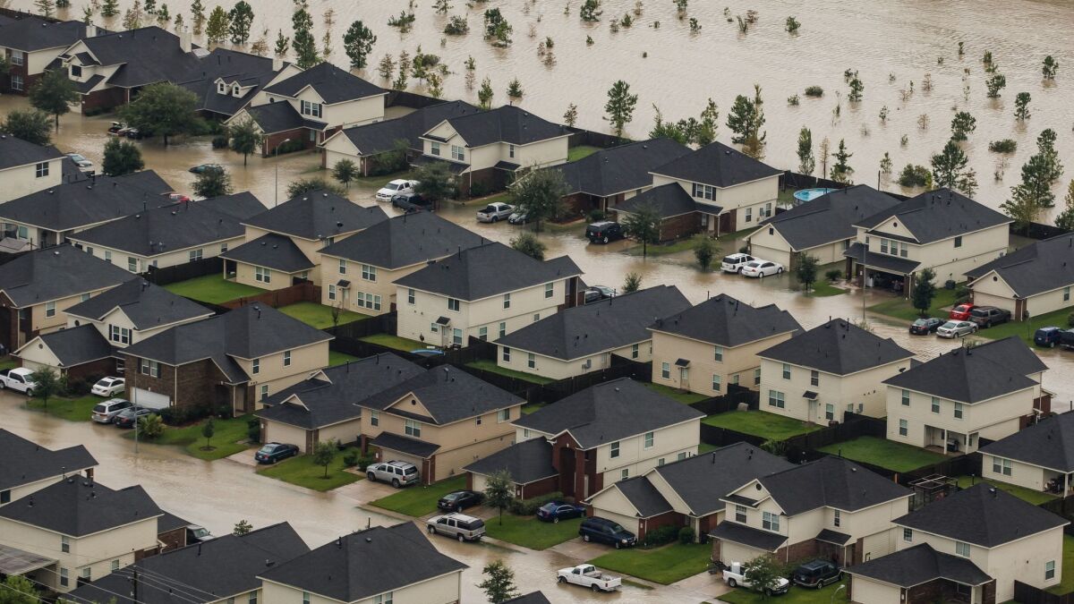 A residential neighborhood near Interstate 10 in Houston is flooded after Hurricane Harvey.