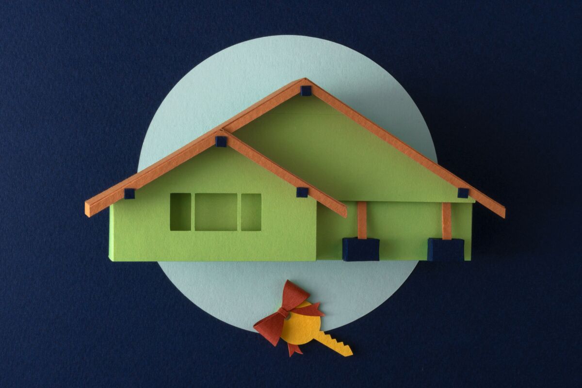 Illustration of a Craftsman home with a key and ribbon below.