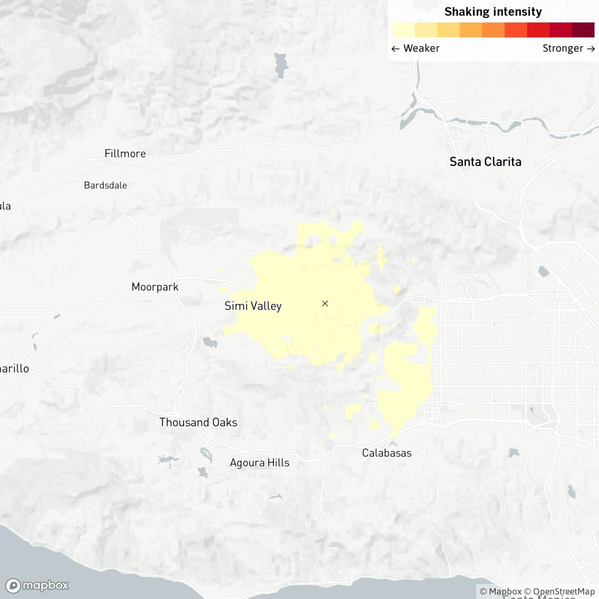 A map showing the epicenter of an earthquake Tuesday in Simi Valley.