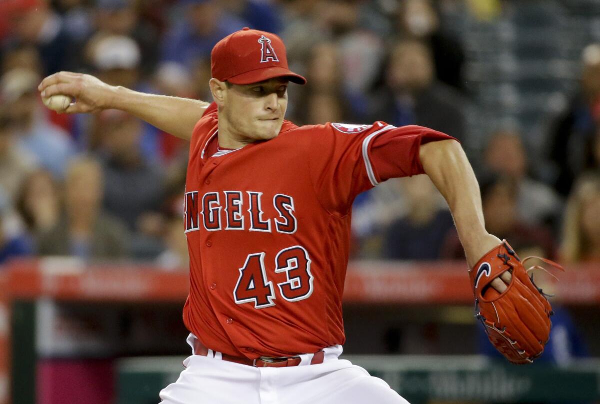 Garrett Richards pitches for the Angels against Kansas City on April 25.