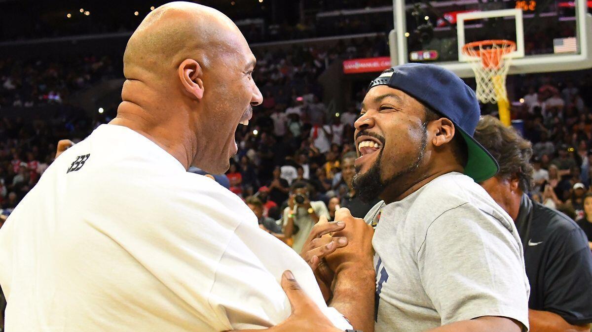 LaVar Ball and Ice Cube competed in a four-point shooting contest during a BIG3 game at Staples Center on Sunday.
