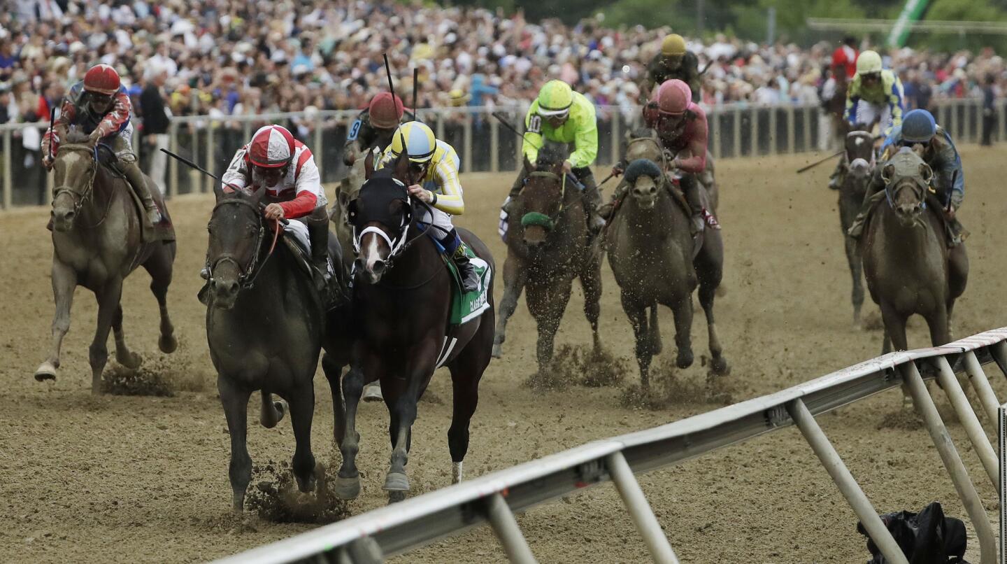 Cloud Computingand Classic Empire battle down the home stretch during the 142nd running of the Preakness Stakes.