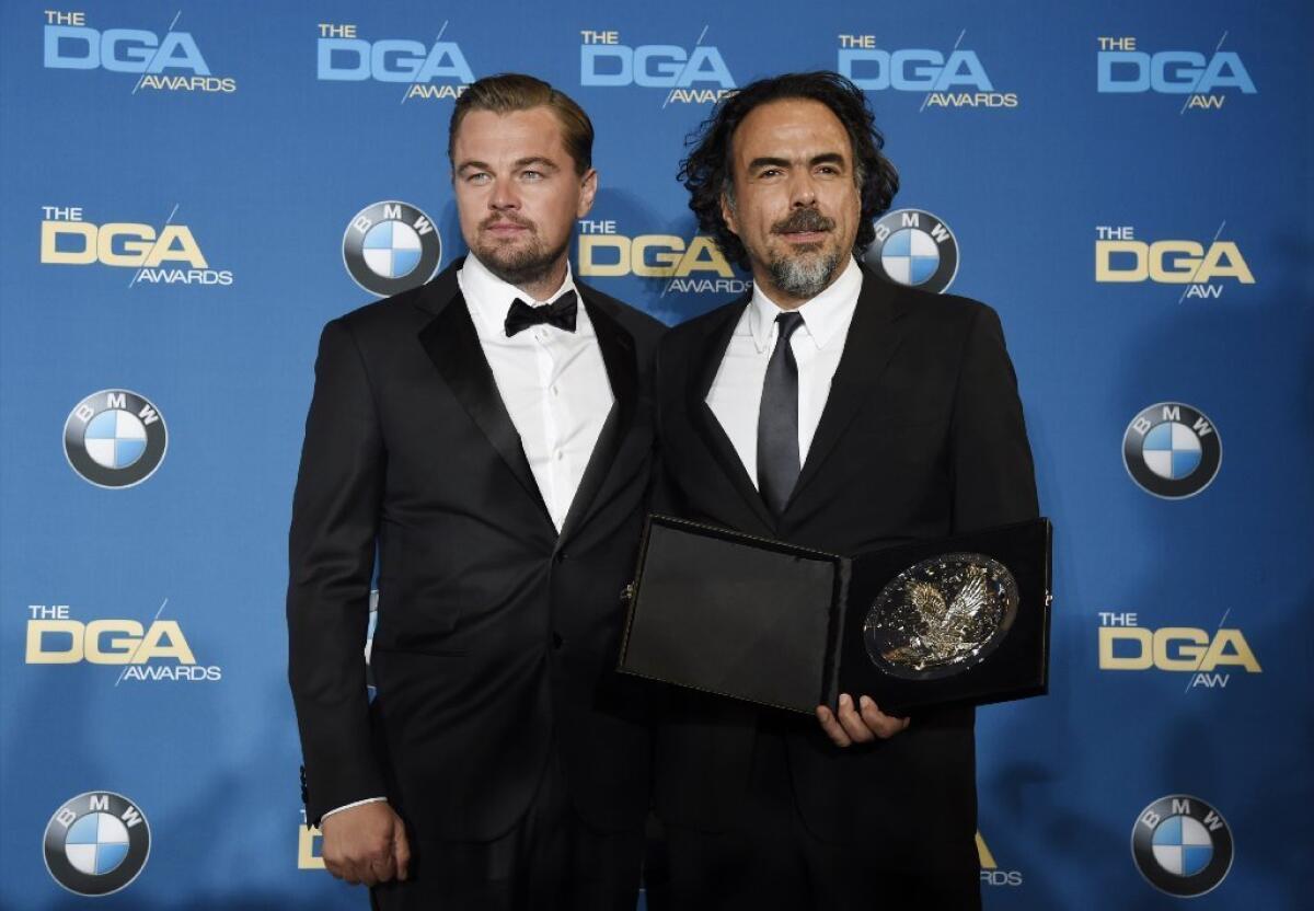 Future Oscar winners? Leonardo DiCaprio, left, joins Alejandro G. Iñárritu backsage after the latter won the Directors Guild's feature film award for "The Revenant."