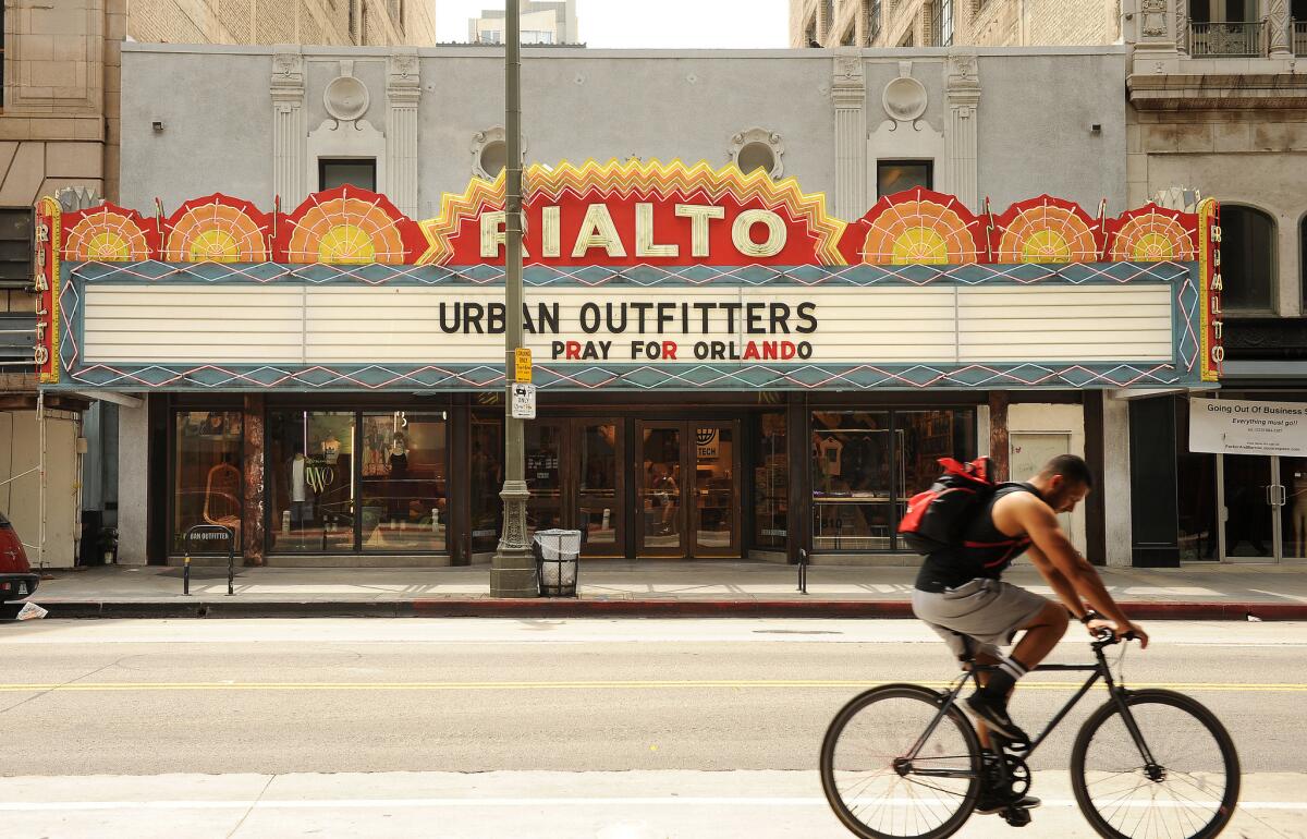 The Rialto Theatre, pictured on Tuesday, June 28, 2016, was converted into an Urban Outfitters store in downtown Los Angeles.