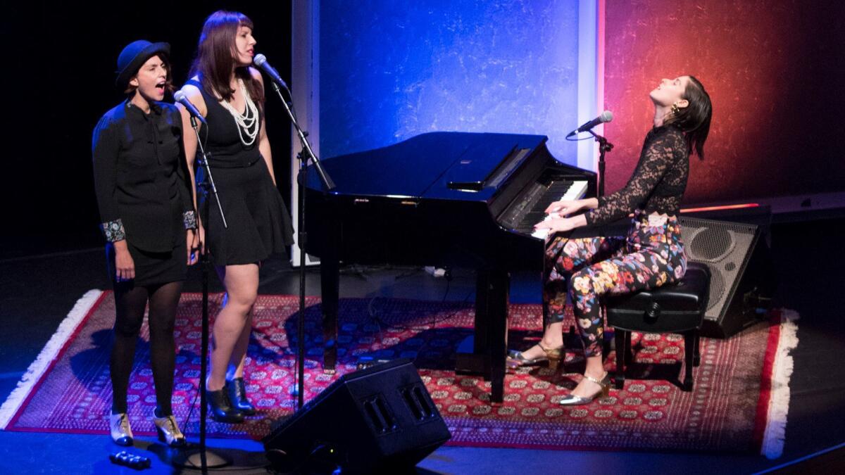 Chilean singer Francisca Valenzuela, right, performs with others at the Getty Center during the Pacific Standard Time: LA/LA series kickoff.