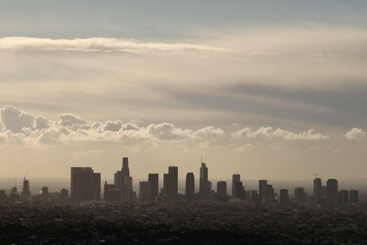 Clouds drift over the downtown L.A. skyline.