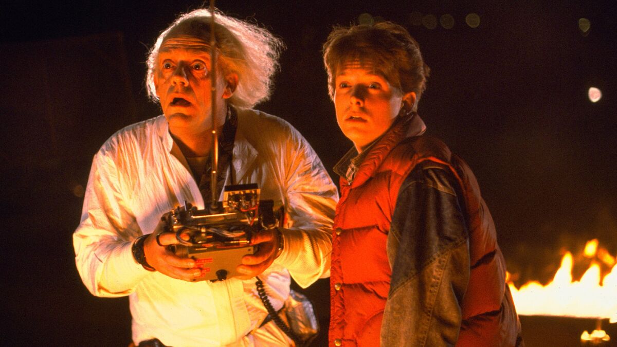 Christopher Lloyd, left, and Michael J. Fox in the 1985 film "Back to the Future."