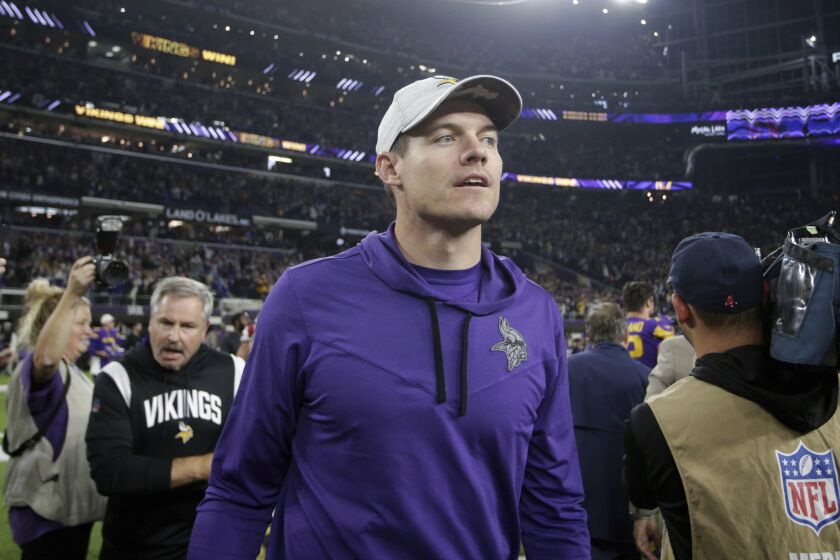 Minnesota Vikings head coach Kevin O'Connell walks off the field after an NFL football game against the New England Patriots, Thursday, Nov. 24, 2022, in Minneapolis. The Vikings won 33-26. (AP Photo/Andy Clayton-King)